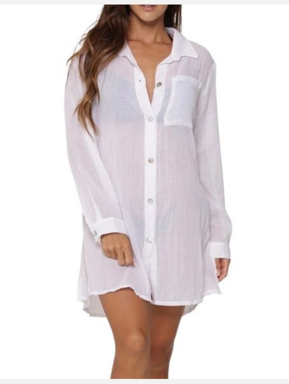Like New J Valdi Womens White Semi Sheer Button Front Camp Swim Cover Up Shirt M